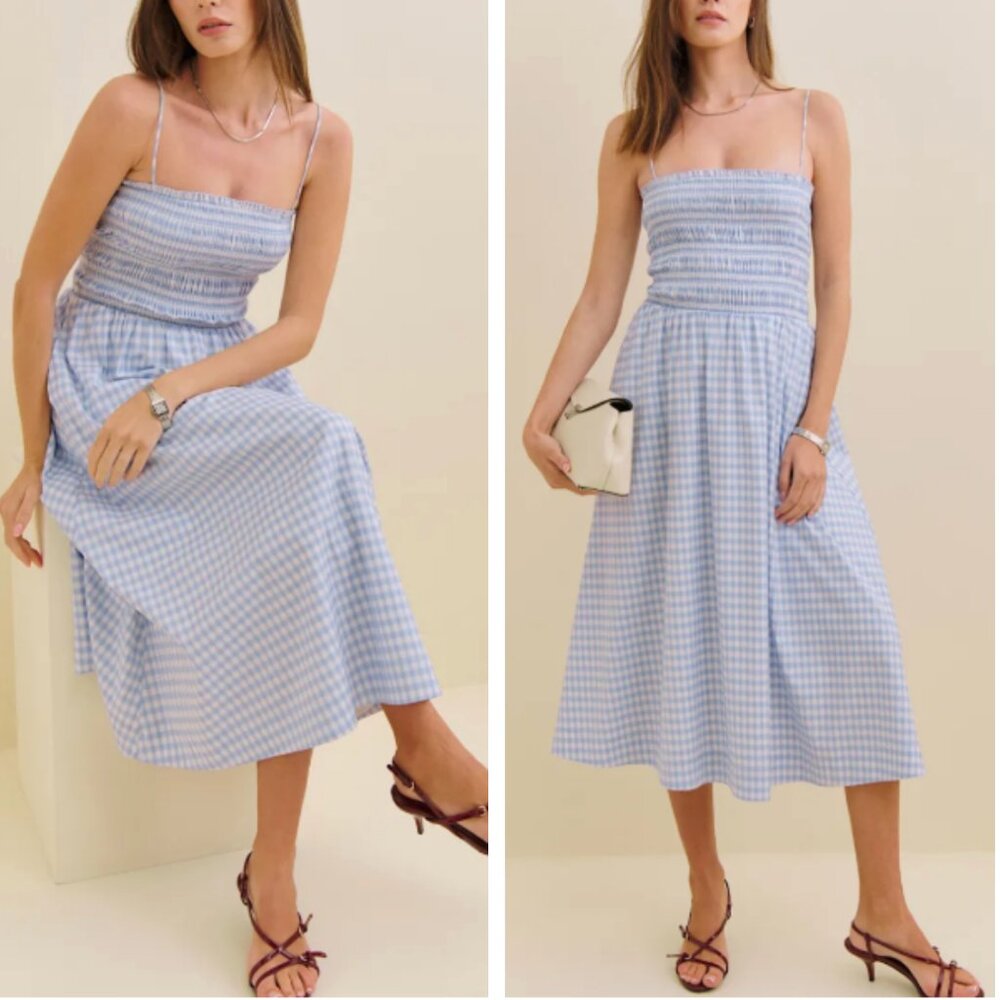 Reformation Kerrie Midi Dress - Crystal Check Blue Ivory Causal Summer Best - Picture 4 of 15